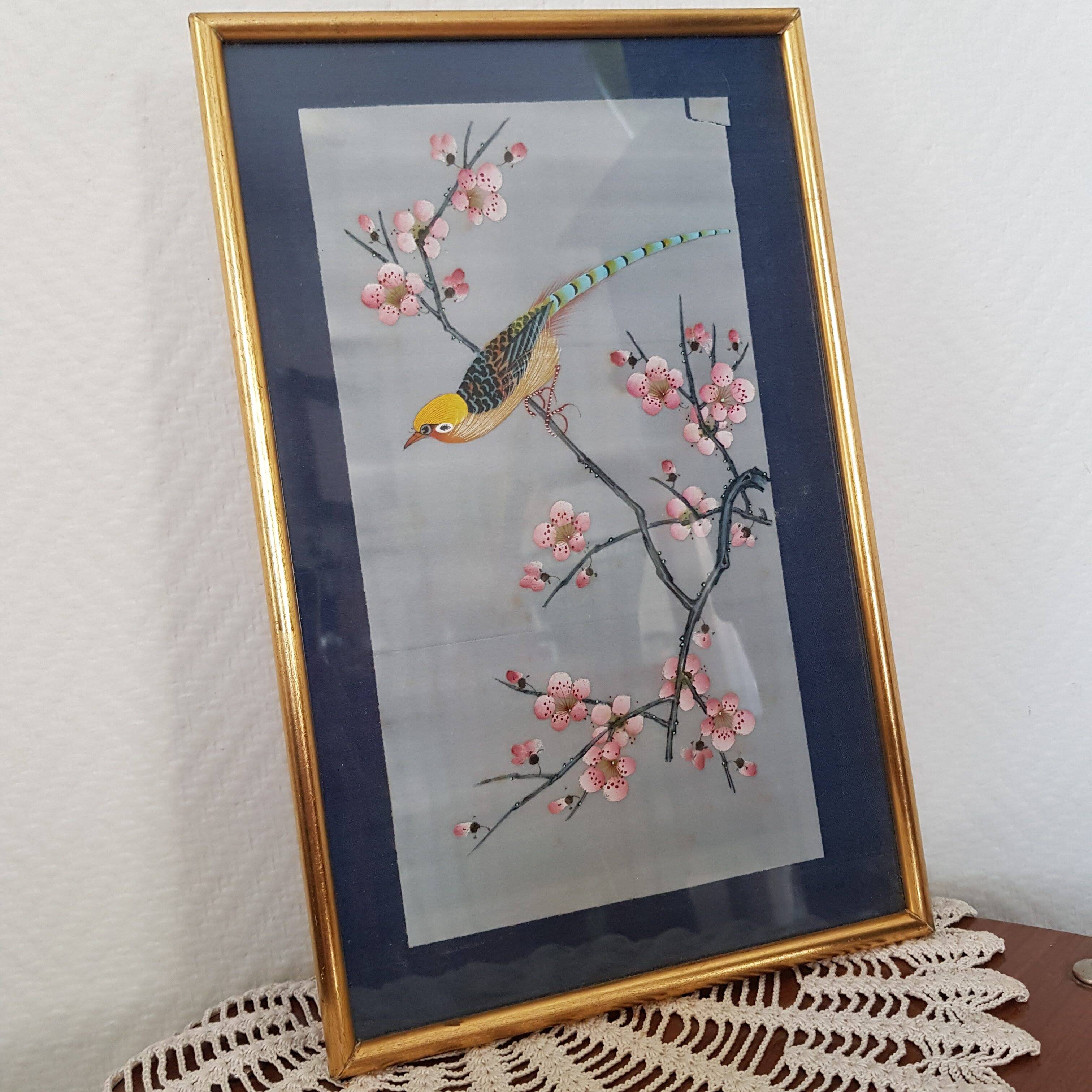 Japanese print on paper drawing of bird and flowers