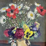 Oil on canvas still life with flowers and statuette 1920