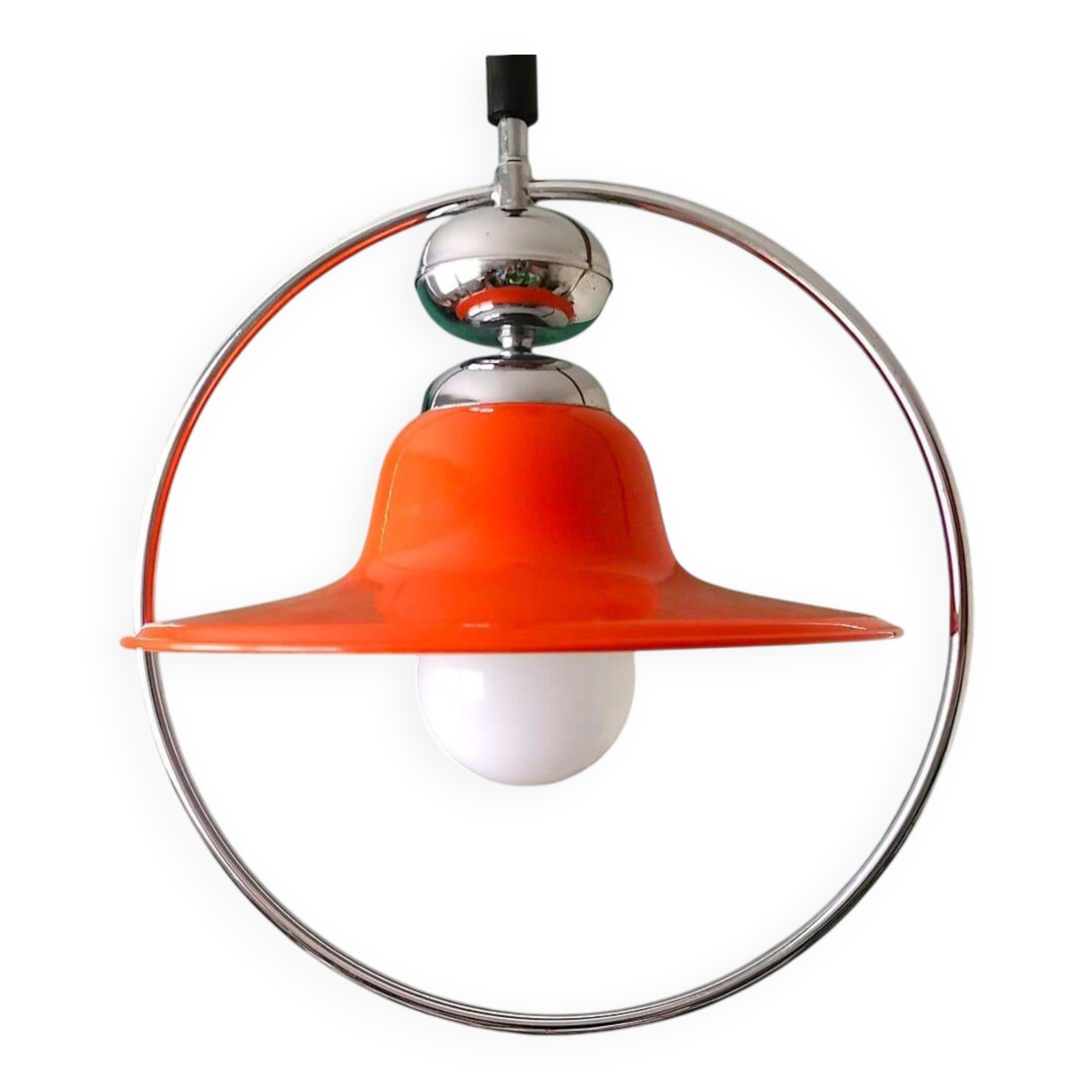 Mid century modern glossy orange pull down hanging lamp 1960s