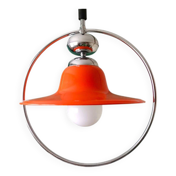 Mid century modern glossy orange pull down hanging lamp 1960s