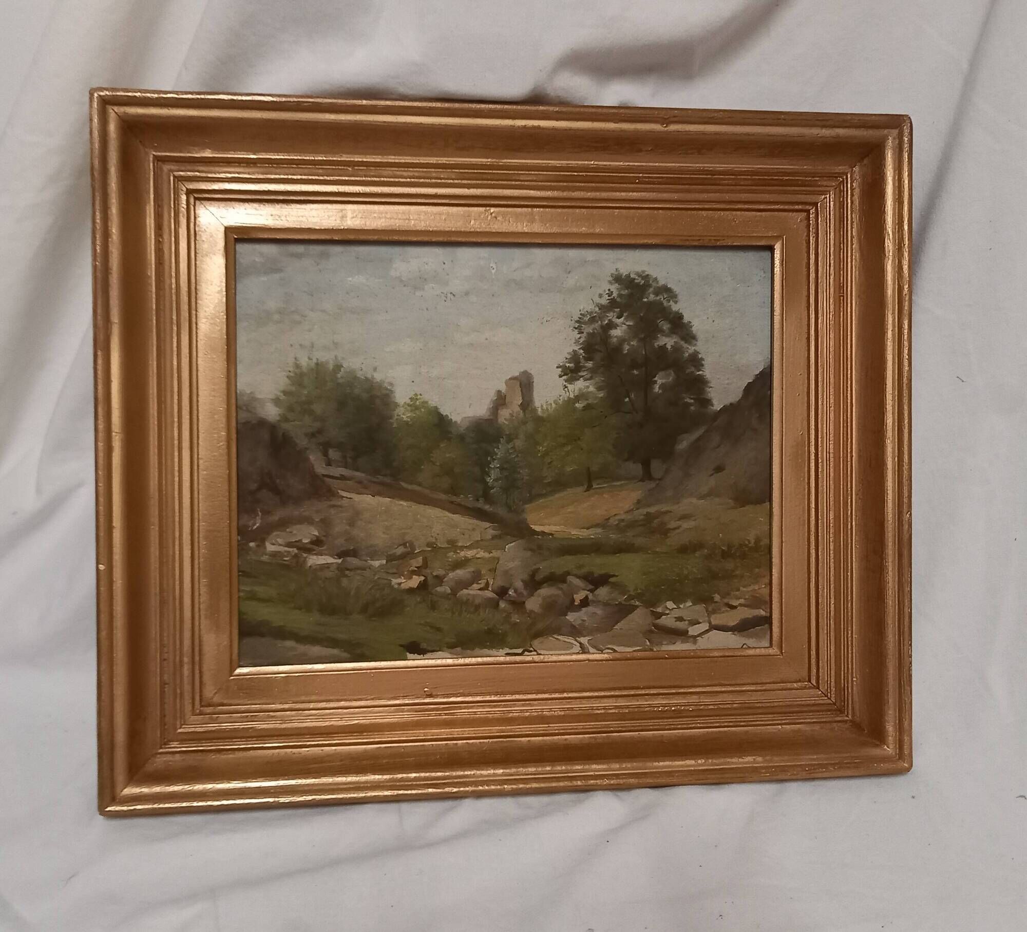 Old painting, oil on wood, rural landscape, small mountain, torrent