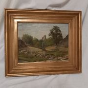 Old painting, oil on wood, rural landscape, small mountain, torrent