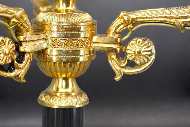 Pair of Chandeliers/Candelabra in Solid Bronze Empire Style Caramel Patina