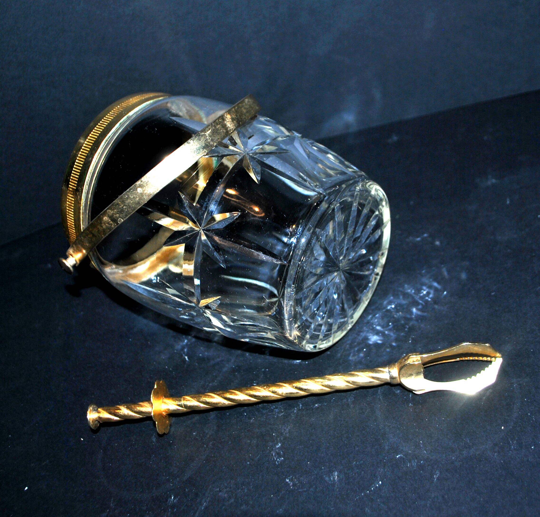 Vintage gold cut crystal ice bucket - ice cube pot + tongs CRISTAL AG