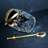 Vintage gold cut crystal ice bucket - ice cube pot + tongs CRISTAL AG
