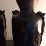 Paire de vases en grés émaillé bleu brillant et glaçure marron. art nouveau.