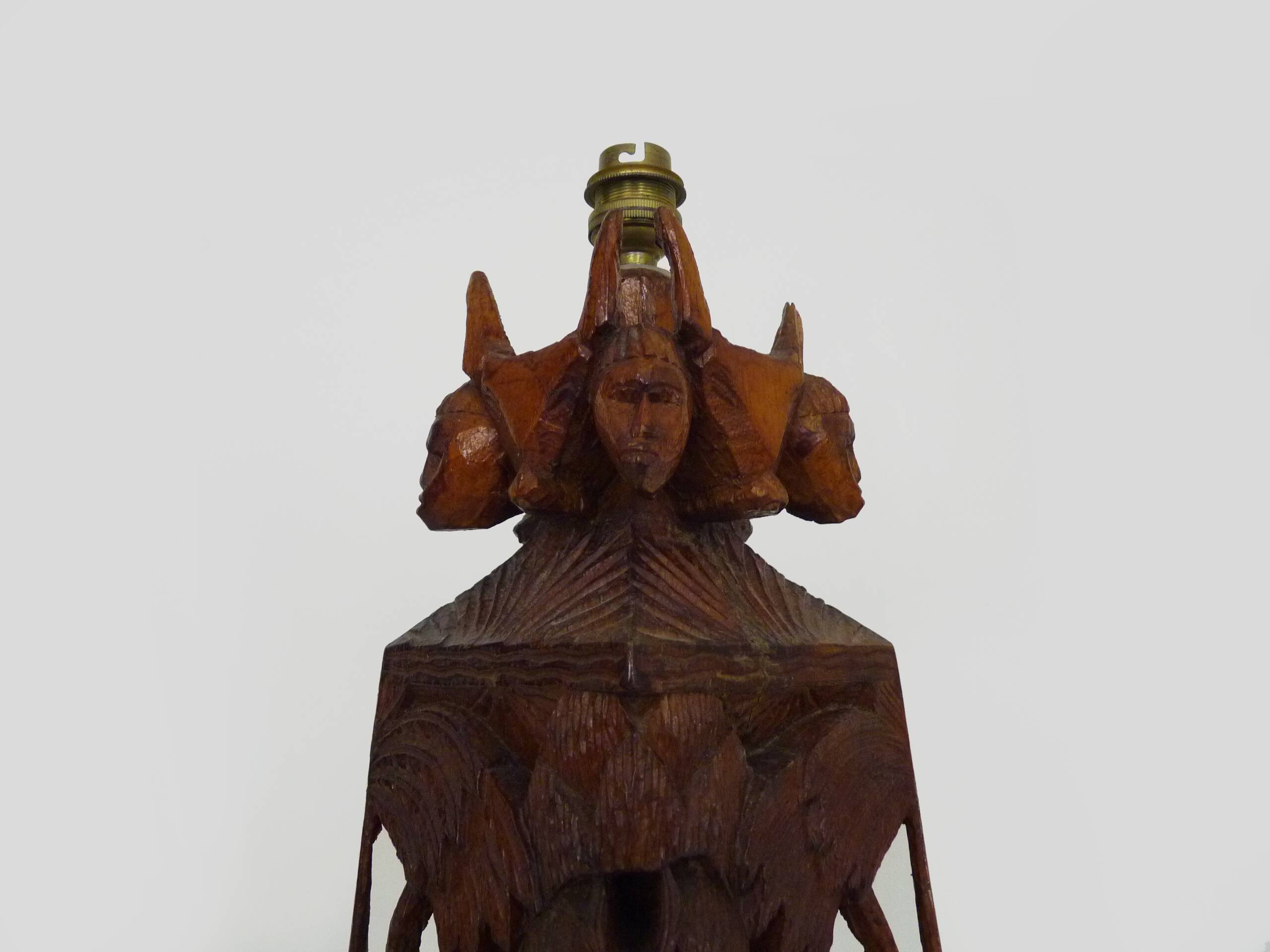 Old large lamp from Malagasy School and Tananarive in carved wood. Art Deco.