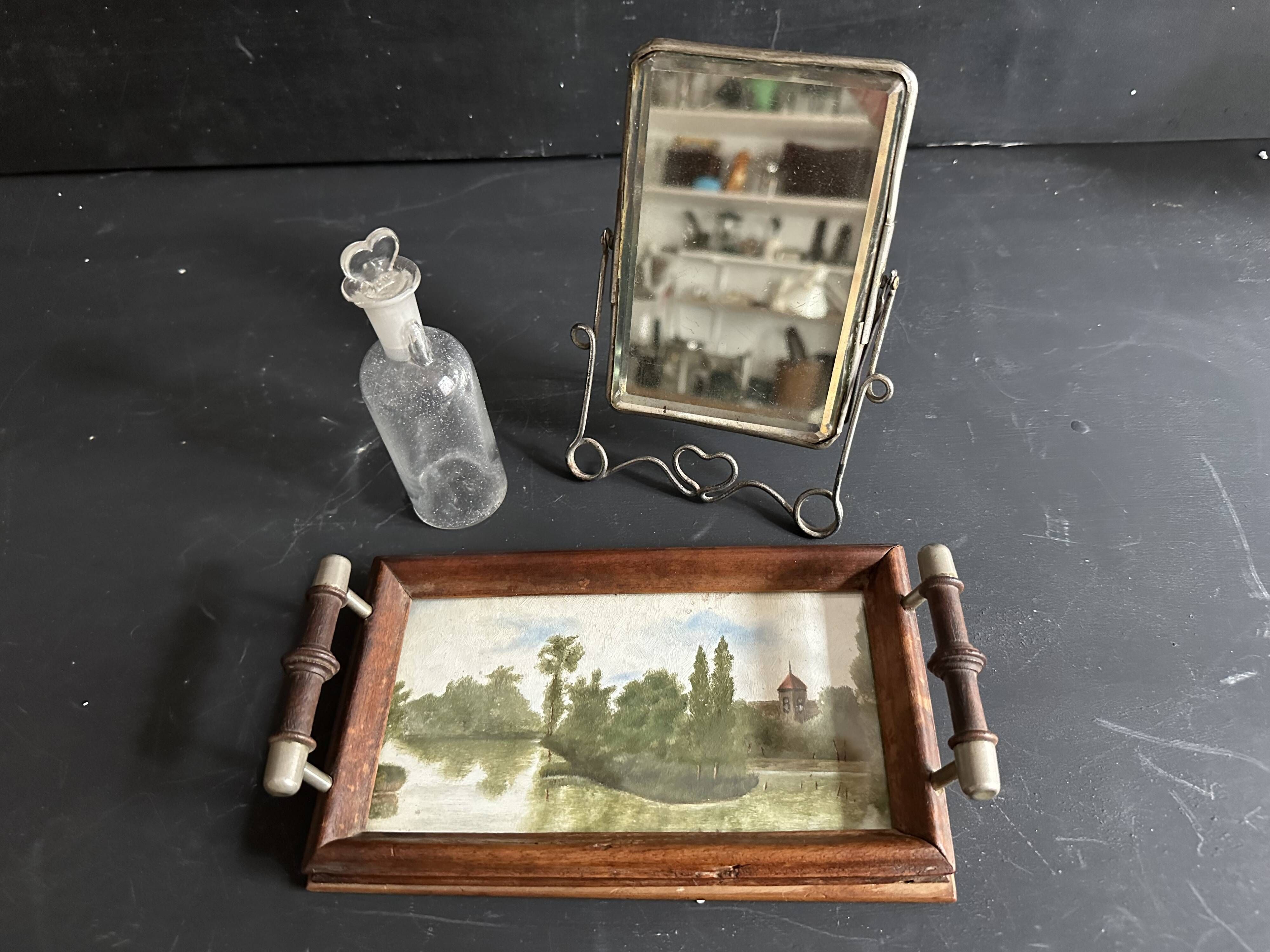 Antique miniature plateau, oil painting, turned wood and brass.