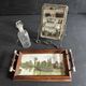 Antique miniature plateau, oil painting, turned wood and brass.