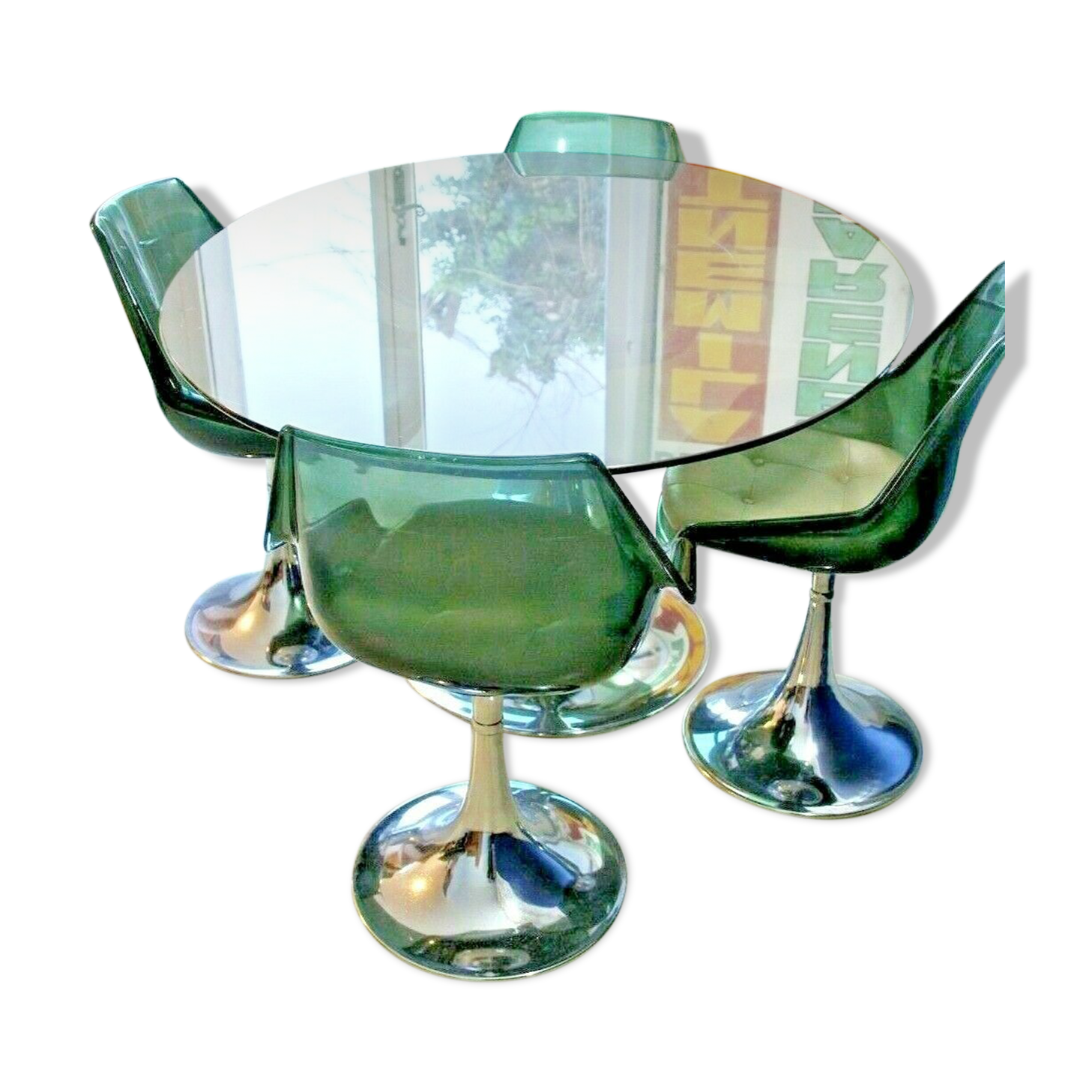 1960s Roche-Bobois set table + glass + 4 chairs, Tulip feet