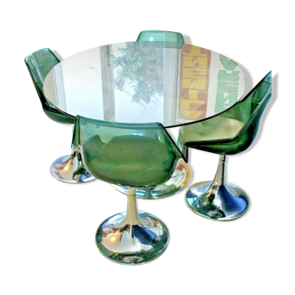 1960s Roche-Bobois set table + glass + 4 chairs, Tulip feet