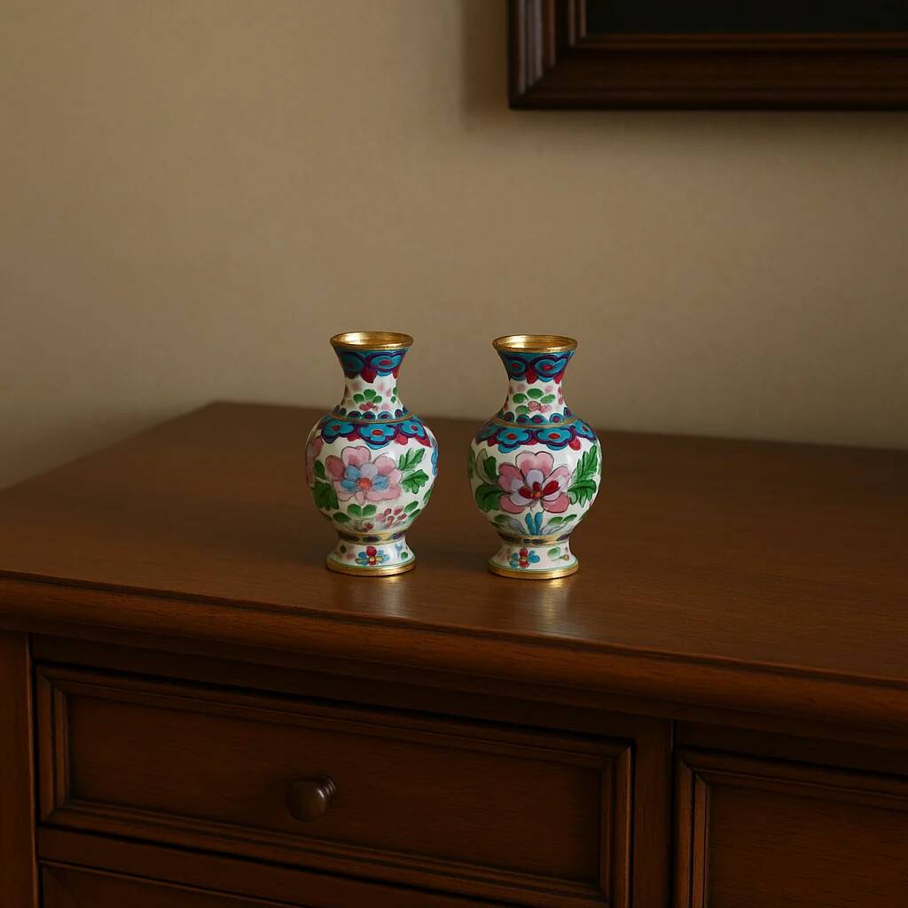 Two small vintage cloisonné enamel vases with Asian floral decoration.