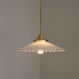 Vintage French White Opaline Glass Pendant Light Clear Glass Edge 5407
