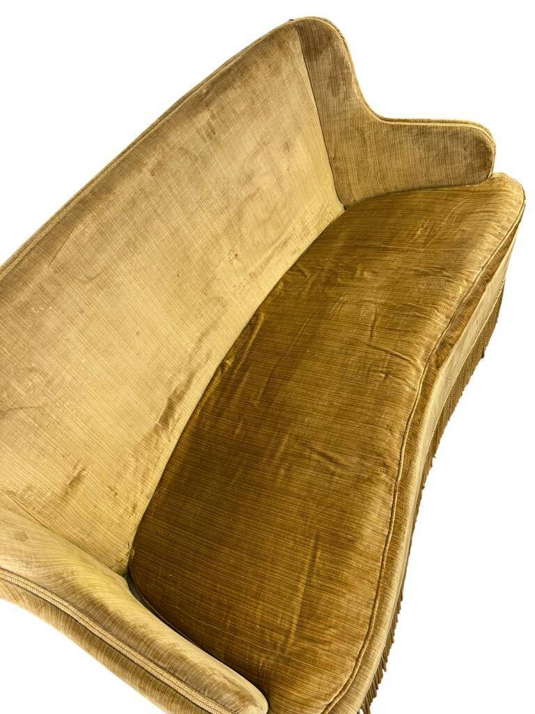 Vintage mustard yellow two-seater sofa with fringe