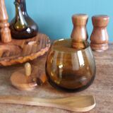 Oil, vinegar, mustard, pepper, salt, olive wood servant from Spain.