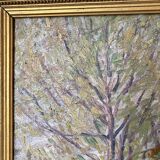 Old oil on canvas, wooded landscape with house, gilded frame.