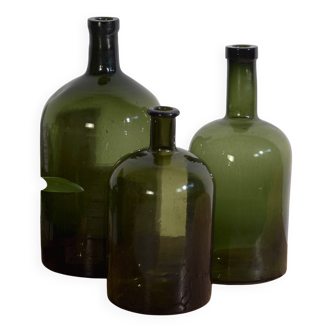 Antique Olive Green Bottles (circa 1920). 3 Piece Set #11