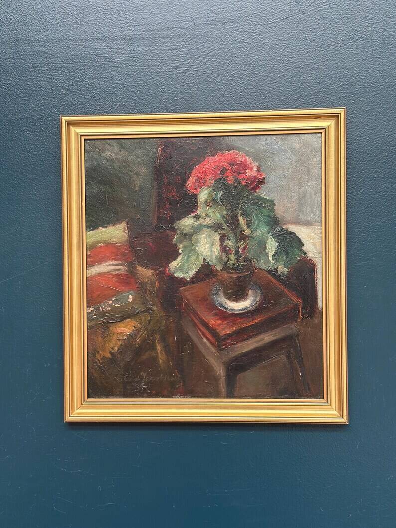 Original Swedish Oil on Panel - "Cineraria i Kruka" by Elna Jacobsson - Signed - Vintage and Framed - 48 × 43.5 cm (18.9" × 17.1")