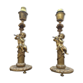 Paire de pieds de lampés chérubins bronze