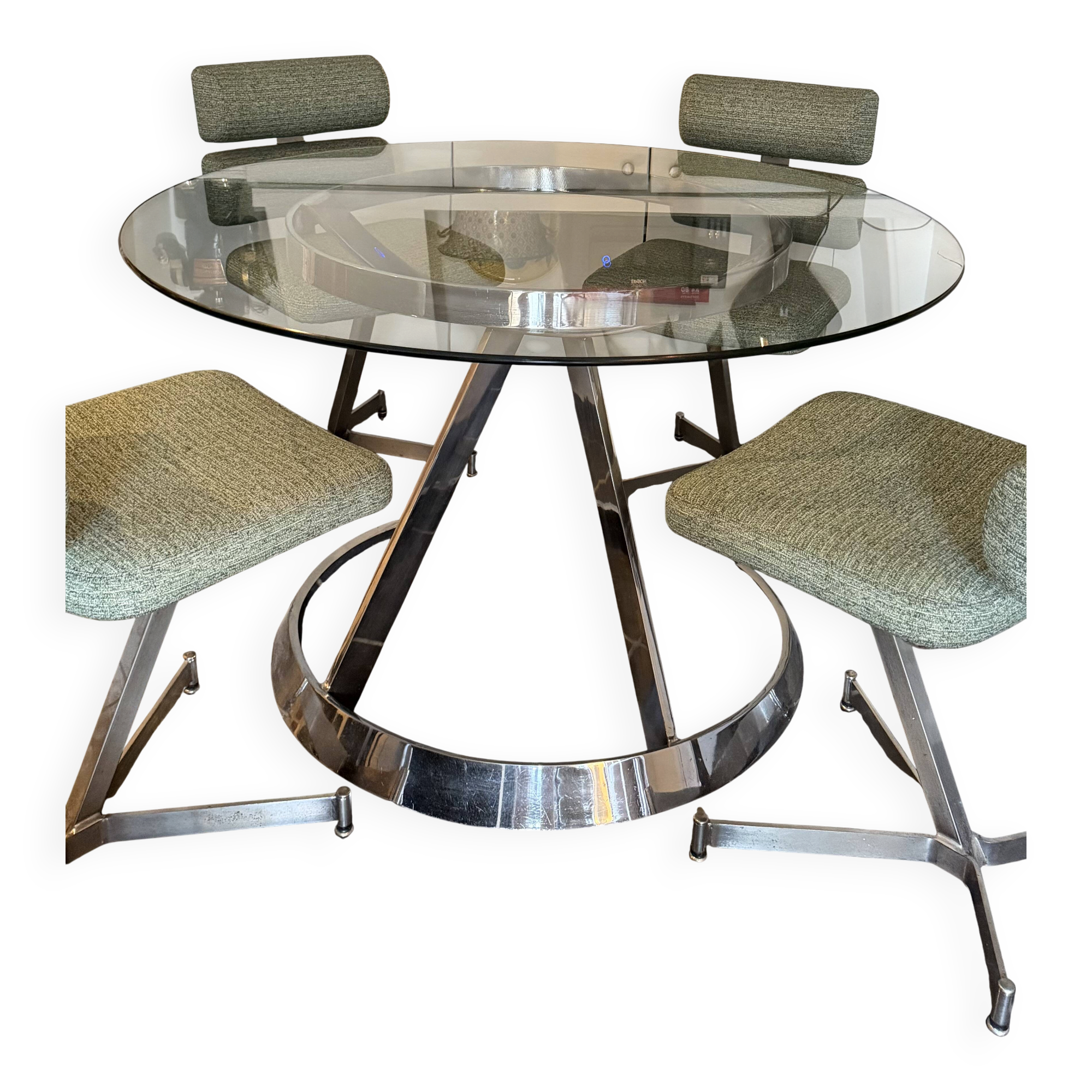 Large round table attributed to Boris Tabacoff, glass and chrome steel, year