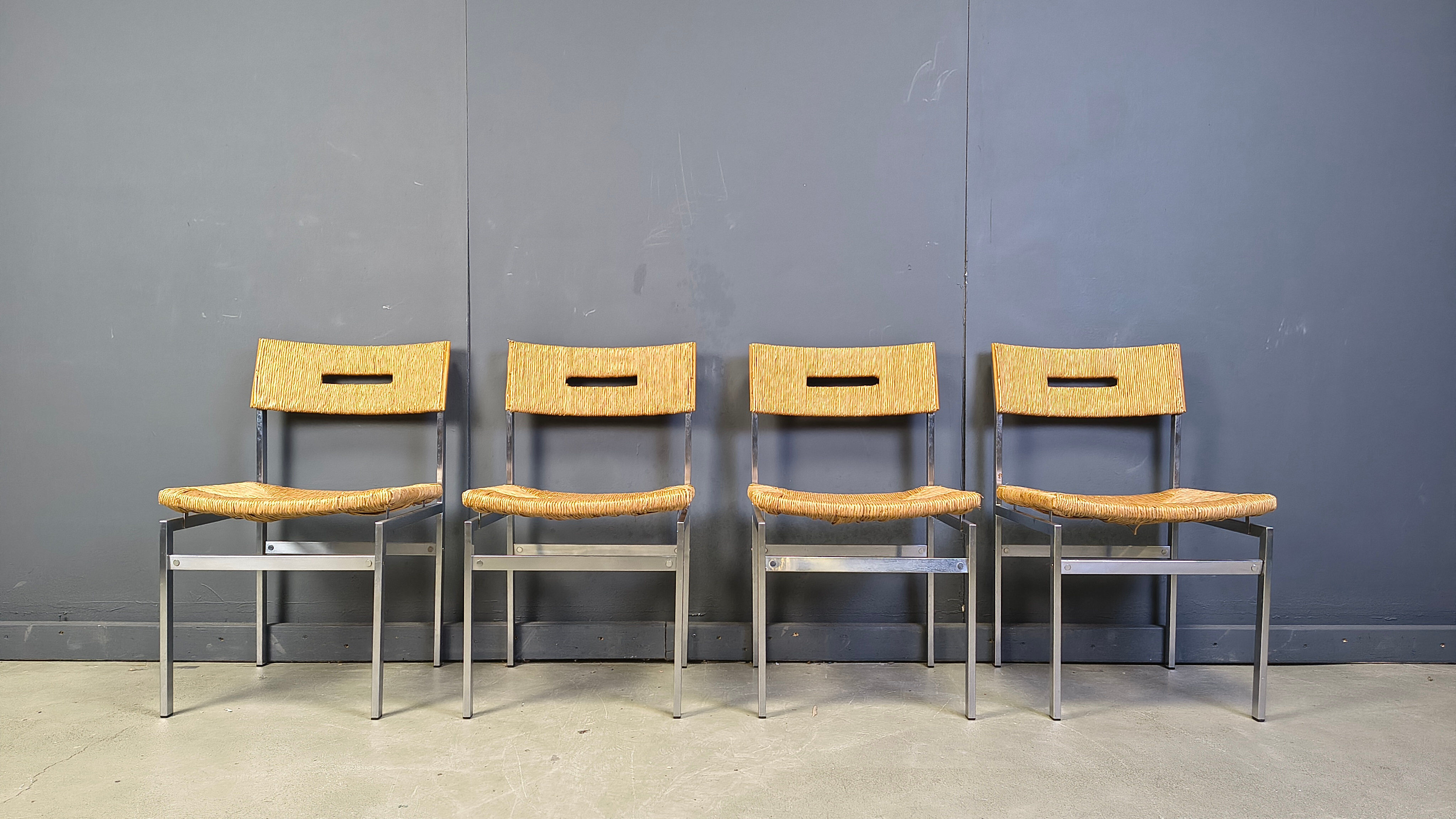 Belgian wicker and chrome dining chairs, 1970s - set of 4