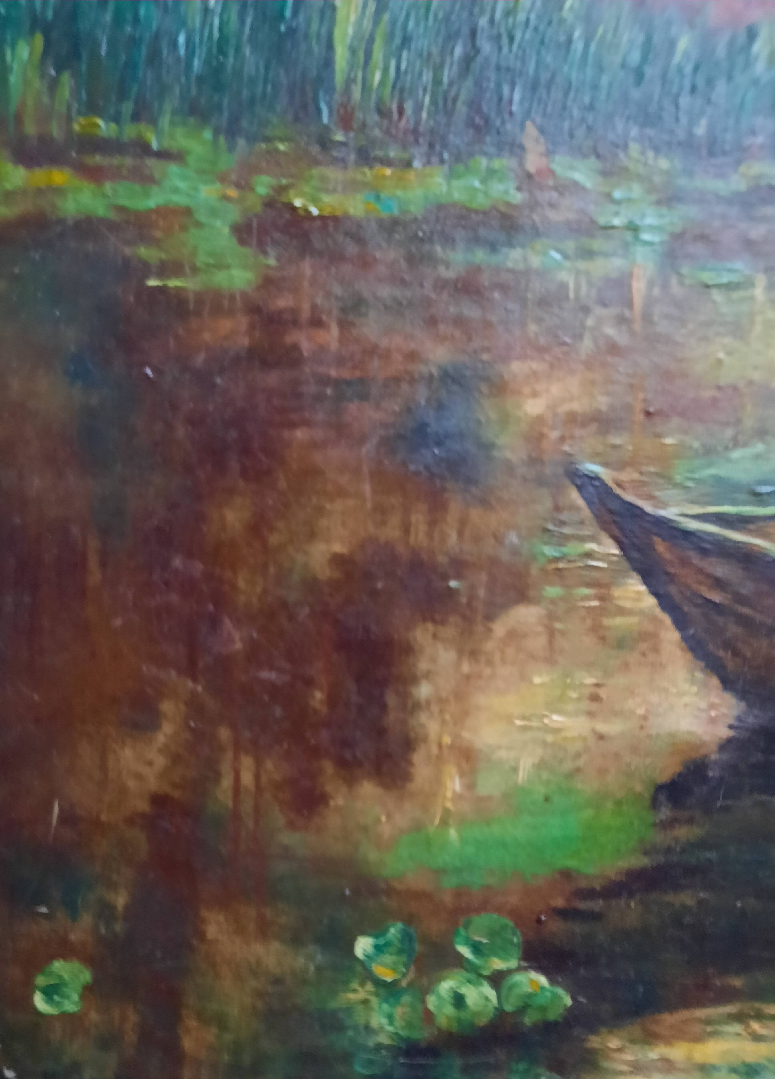 Huile sur toile "Promenade en barque"