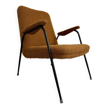 Ancien fauteuil métal tissu bouclette orange design français années 50