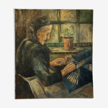 Tableau ancien avec vieille dame huile sur toile