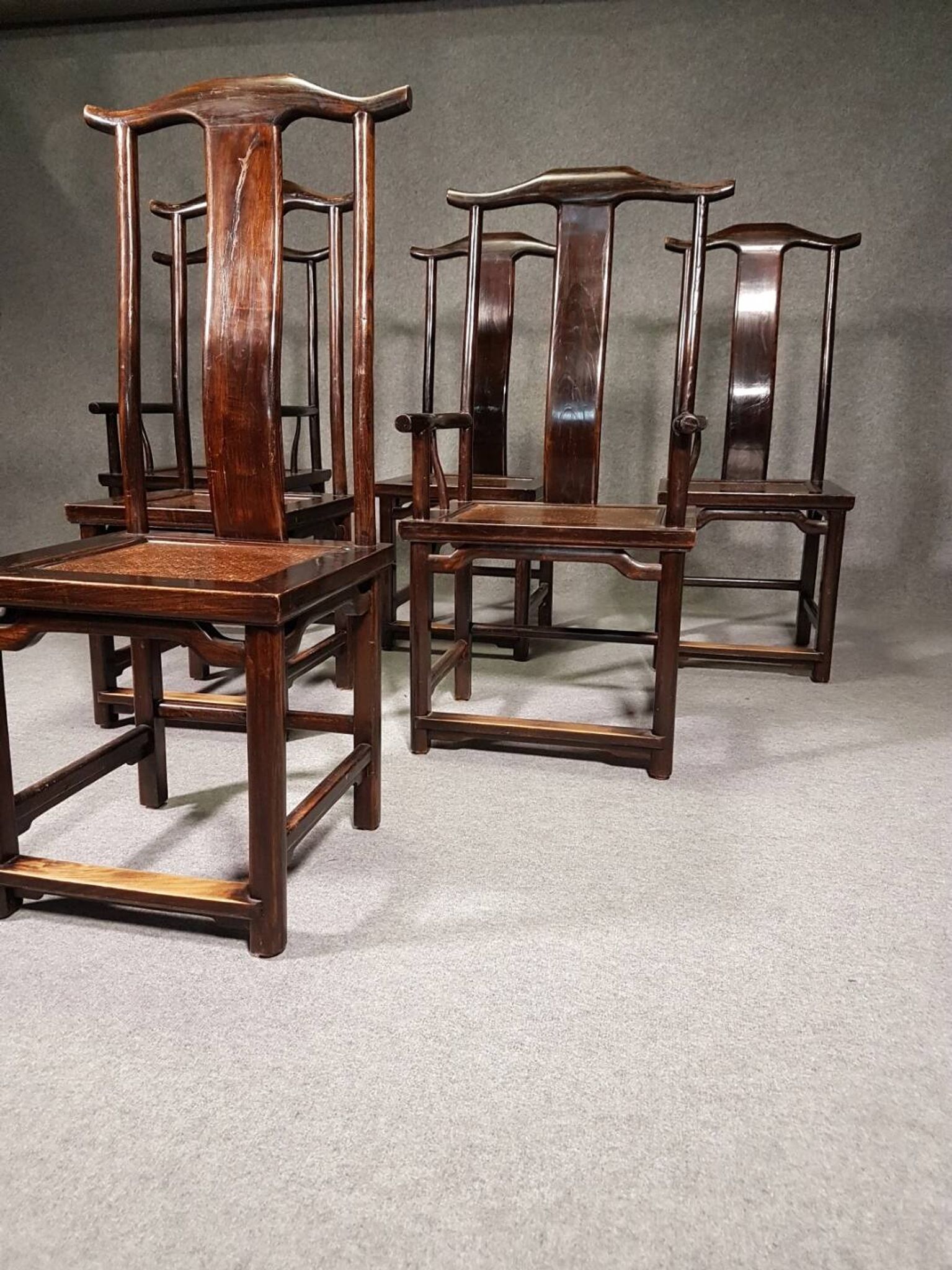 6 Vintage Oriental Asian Chinese Brown Tallback Yokeback Side Chairs. 2 x armchair / 4 x without a