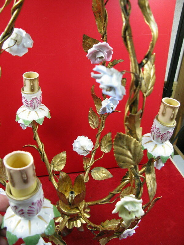 Golden cage iron chandelier 3 leafy arms of light adorned with porcelain flowers