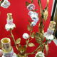 Golden cage iron chandelier 3 leafy arms of light adorned with porcelain flowers
