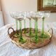 Lot of 7 champagne glasses from the 1970s and a vintage wicker and glass tray.