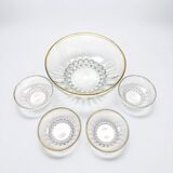 Salad bowl and 4 glass bowls with gilding, 1930 fruit salad service.