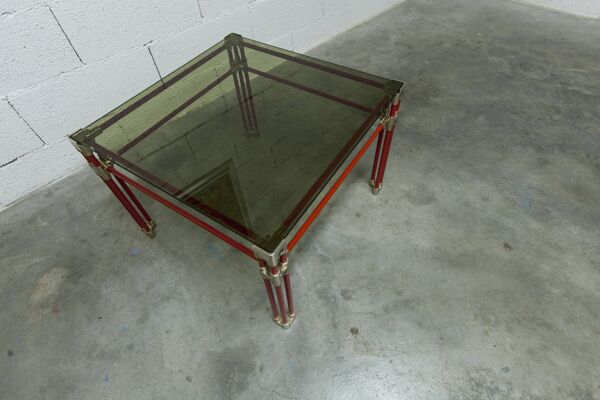 Table basse design italien postmodern en verre fumé structure acier rouge