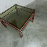 Postmodern Italian design coffee table in smoked glass with red steel structure
