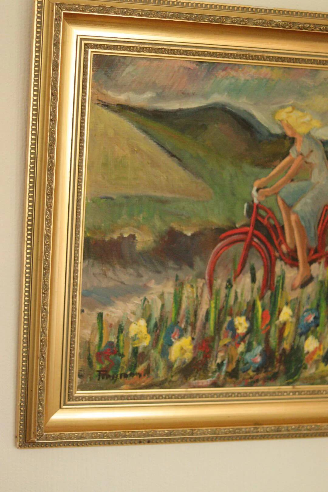 Huile sur panneau suédoise « Femme à vélo » de Tornquist