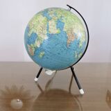 Globe terrestre, carte Taride, tripode, éclairé, mappemonde, 1967.