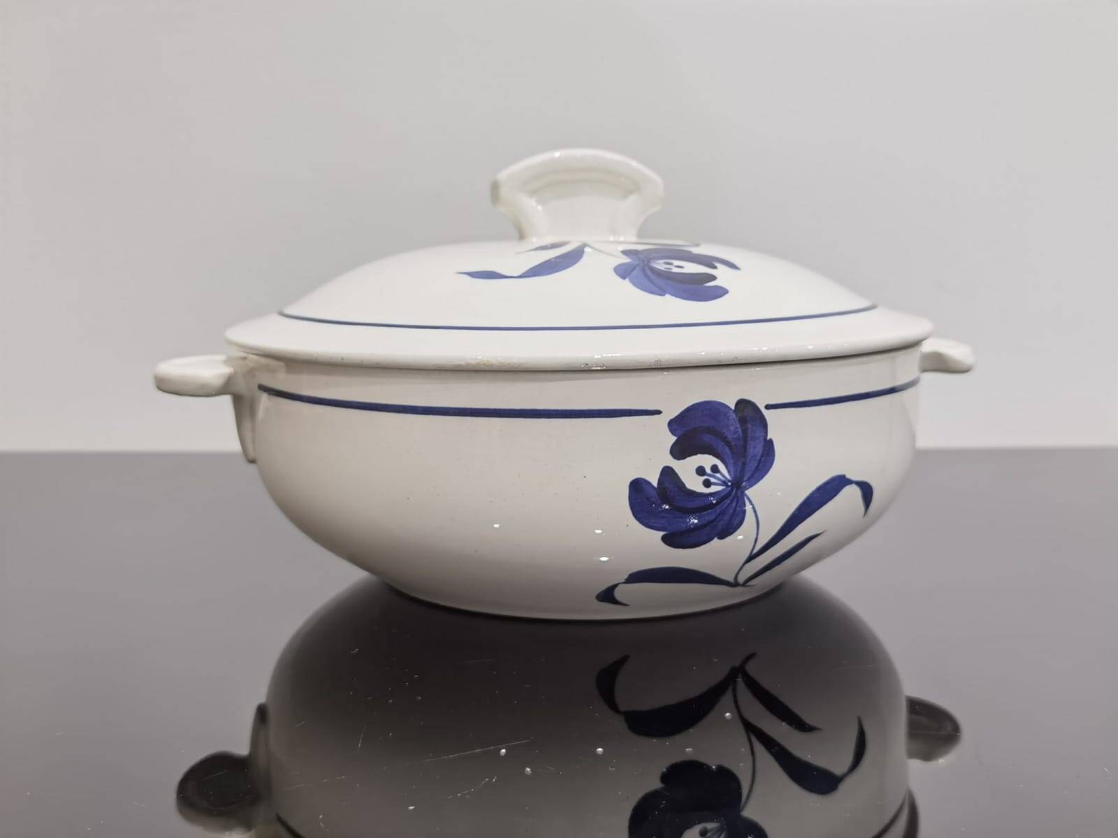 Old earthenware tureen with blue flower, Moulin des loups and hamage France, model