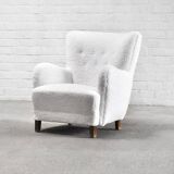 Fauteuil modèle 1669 en laine blanche,  Fritz Hansen, Danemark années 1940