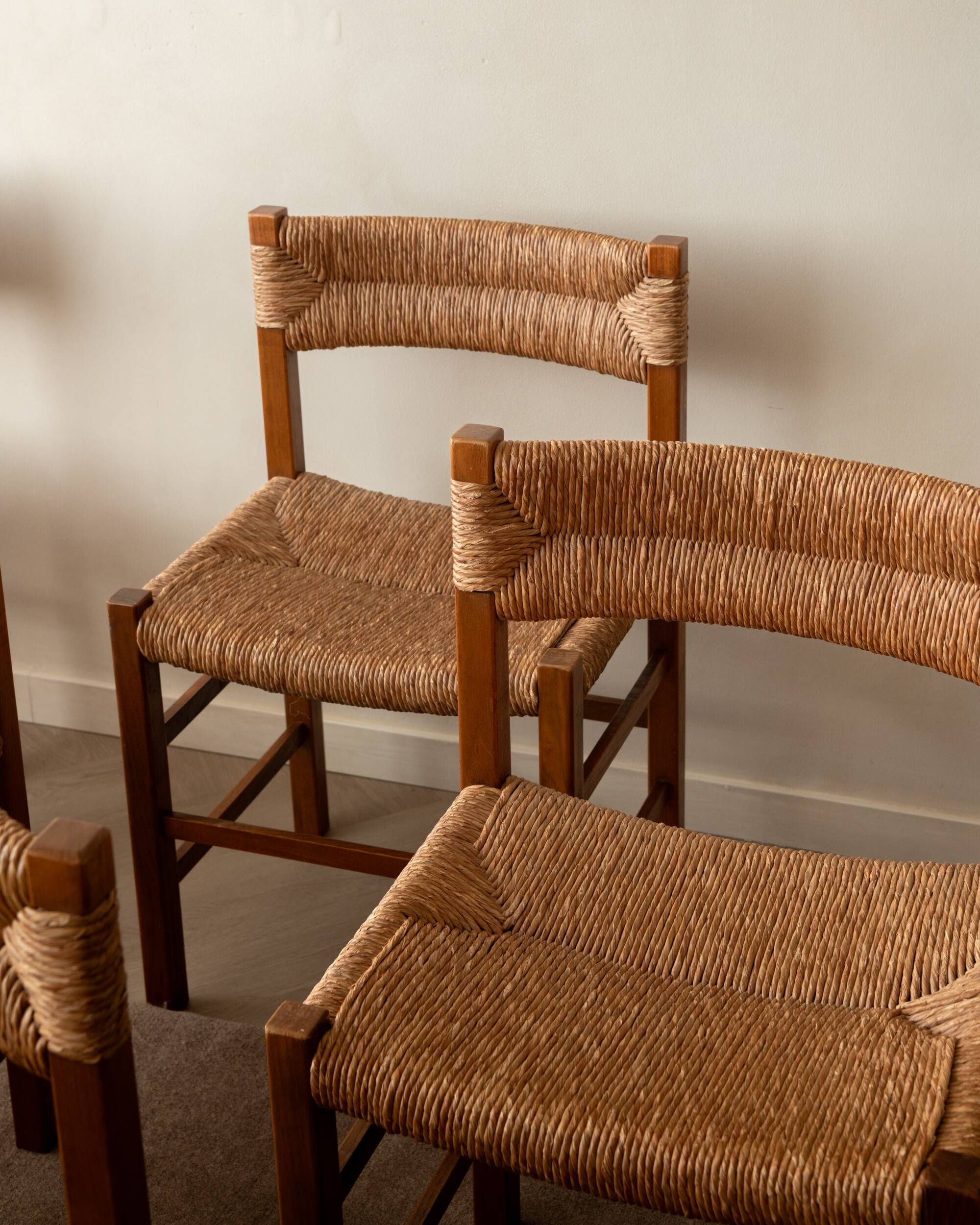 Vintage set of six French mid-century dining chairs in wood and rush, 1960s