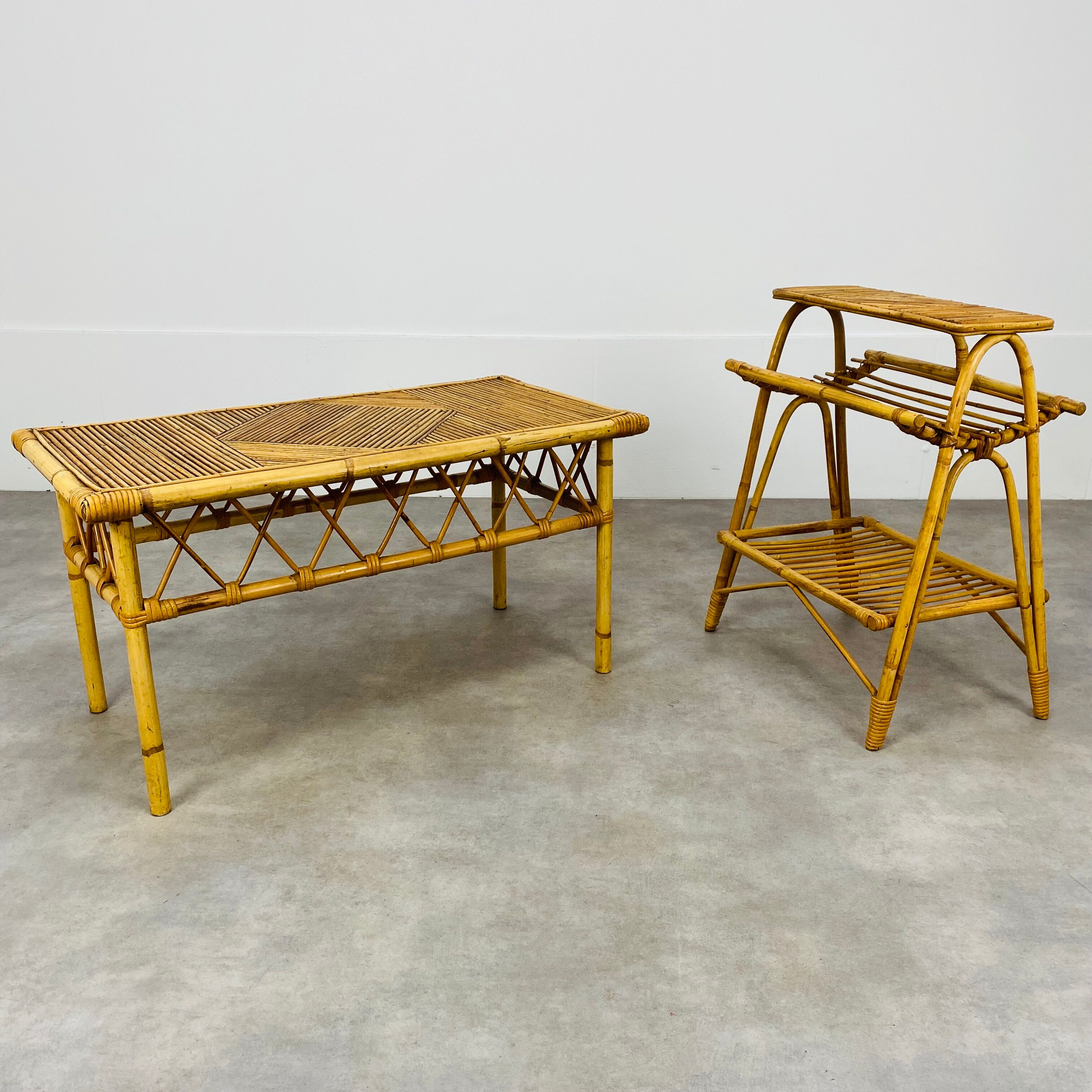 Rattan coffee table 60s and bamboo magazine door