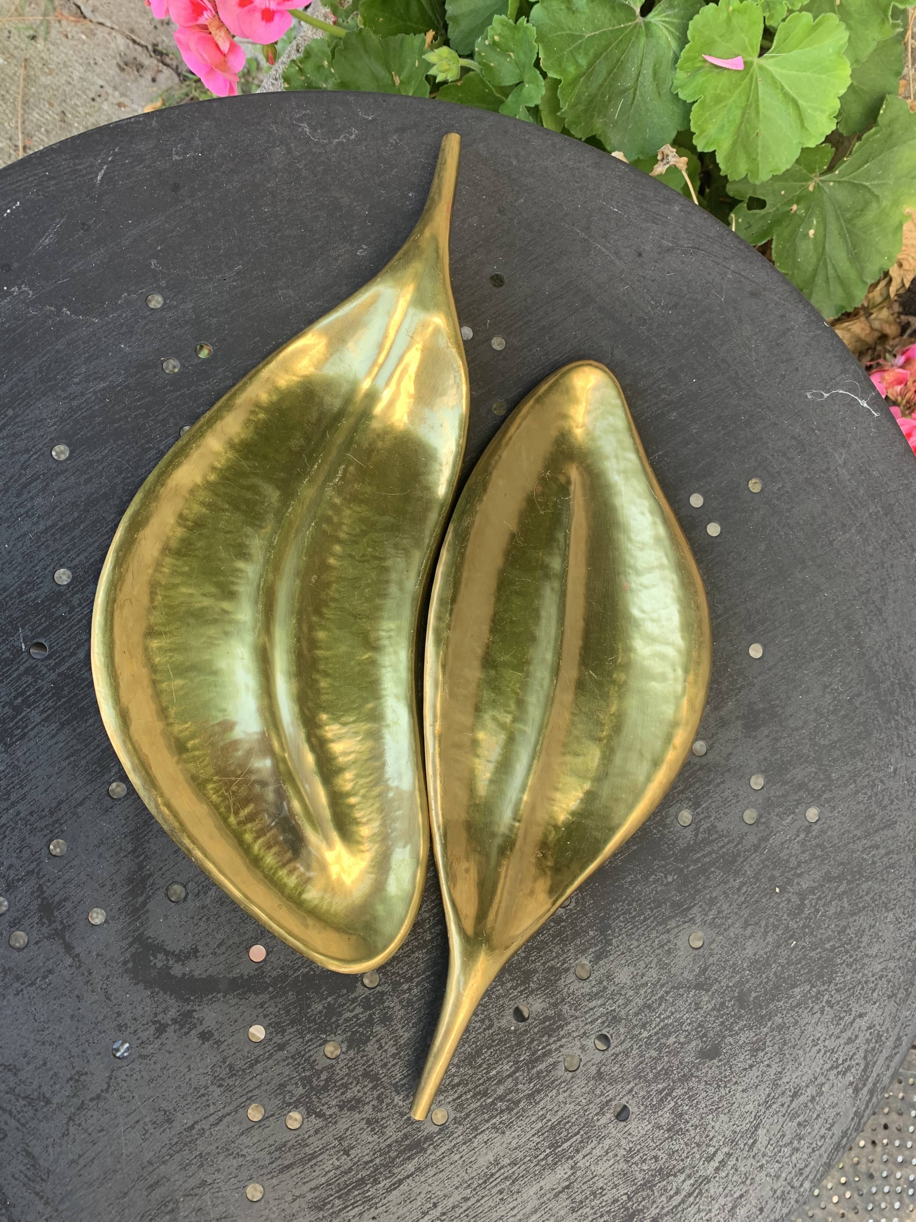 Two dishes, empty pocket vintage brass leaves