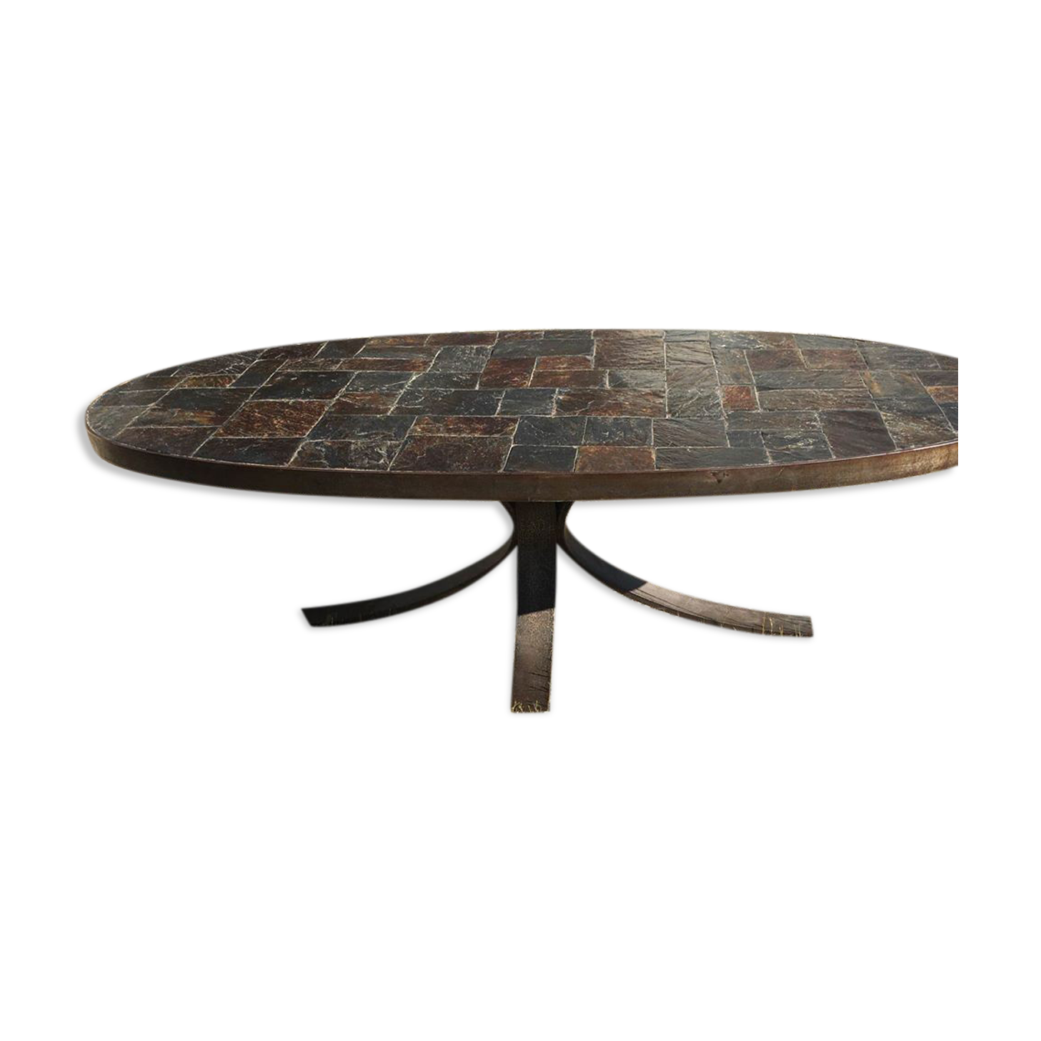 Oval wrought iron and slate coffee table in 1960/ 1970