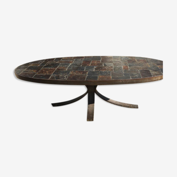Oval wrought iron and slate coffee table in 1960/ 1970