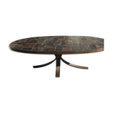Oval wrought iron and slate coffee table in 1960/ 1970