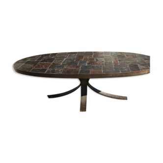 Oval wrought iron and slate coffee table in 1960/ 1970