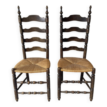 Chaise style campagnard bois massif et paille 1950