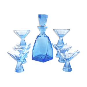 Service à liqueur art déco en cristal bleu vintage