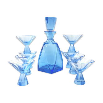Service à liqueur art déco en cristal bleu vintage