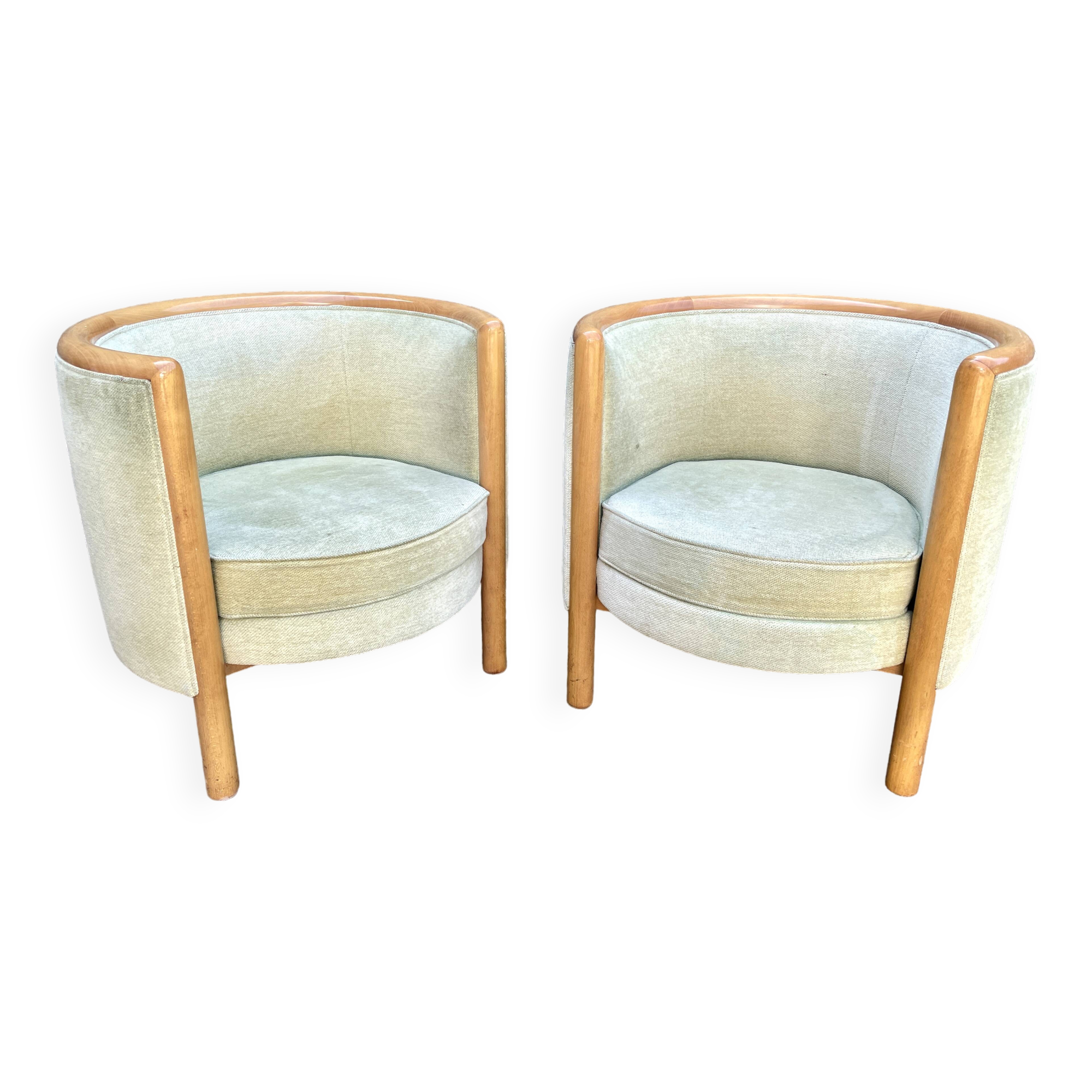 Pair of barrel-shaped armchairs in beech and almond green velvet by Maison Rosello